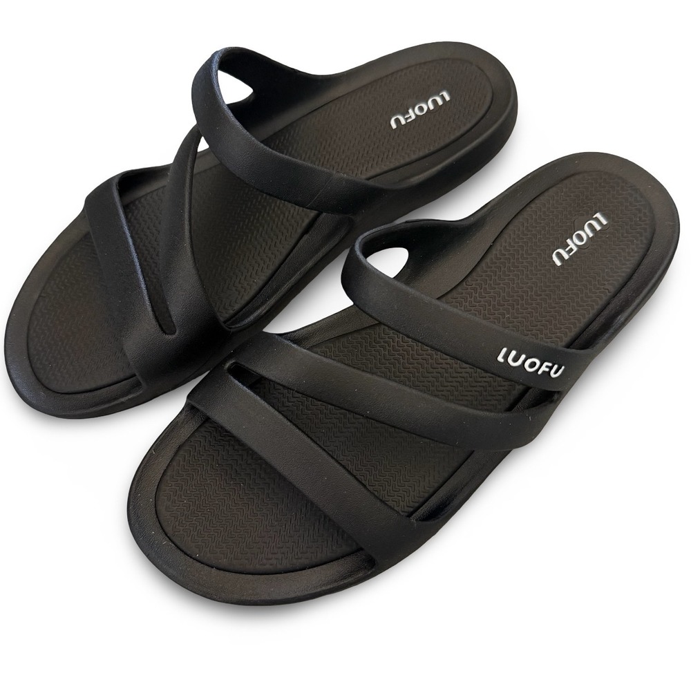 LUOFU Black Rubber Triple Strap Slides Women 10 Men 8 Water Friendly NEW